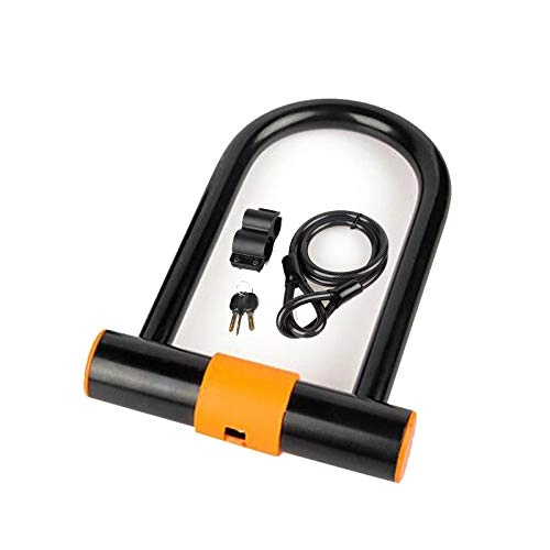 Bike Lock : FHW Bike Lock, Anti-Theft Lock U Type Lock, Pure Copper Lock Cylinder, Comes With Dust Cover, Security And Anti-Theft, Abs Bracket, Copper Key, With Steel Cable, Locking Space 140 * 73Mm, Orange