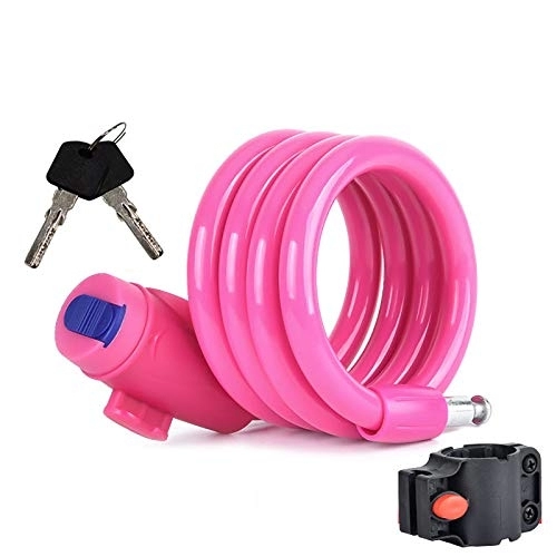 Bike Lock : FHW Bike Lock, Bold Alloy Steel Cable, PVC Material, Strong And Durable, with 2 Keys And Bracket, The Surface of The Lock Cylinder Is Nickel-Plated, Cable Anti-Theft Lock, Pink