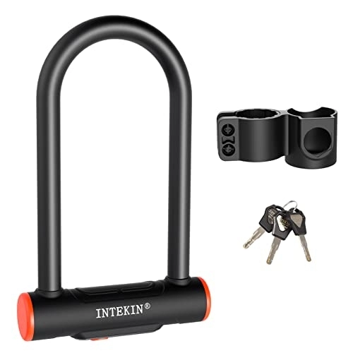 Bike Lock : INTEKIN Bicycle U-Lock Weatherproof Bicycle Lock Heavy Duty Bicycle Lock 16 mm Bicycle U-Lock with Sturdy Holder, Padlock with Key for Bicycle, Motorcycle (Medium)