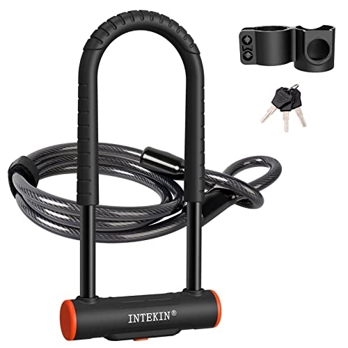 Bike Lock : INTEKIN Bike U Lock Heavy Duty Bike Lock Bicycle Lock, 16mm U Lock and 5ft Length Security Cable with Sturdy Mounting Bracket for Bicycle, Motorcycle and More, Black, Large