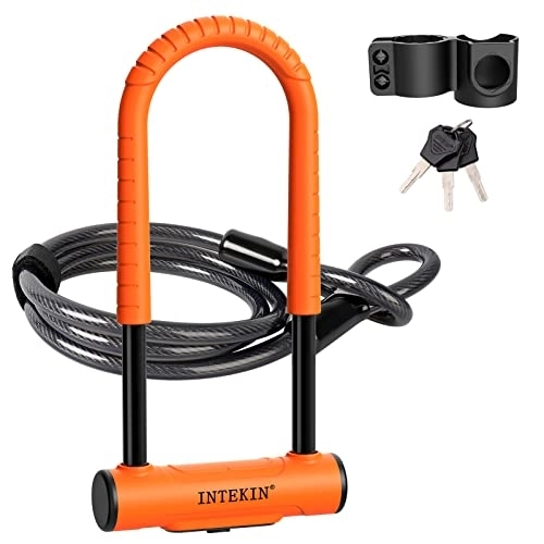 Bike Lock : INTEKIN Bike U Lock Heavy Duty Bike Lock Bicycle Lock, 16mm U Lock and 5ft Length Security Cable with Sturdy Mounting Bracket for Bicycle, Motorcycle and More, Orange, Large