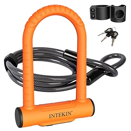 Bike Lock : INTEKIN Bike U Lock Heavy Duty Bike Lock Bicycle Lock, 16mm U Lock and 5ft Length Security Cable with Sturdy Mounting Bracket for Bicycle, Motorcycle and More, Orange, Small