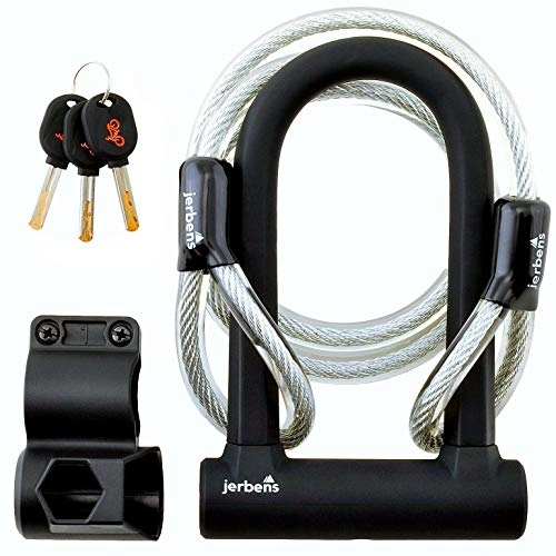 Bike Lock : Jerbens U Bike Lock - U-Lock with Key with 1.20 m Security Cable and Frame Mounting Bracket - Effective and Solid Steel Model - for Mountain Bike, Electric Bike, Children Bike, Scooter