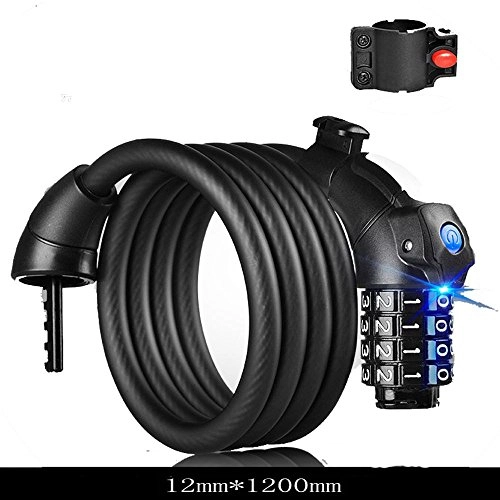 Bike Lock : JPOJPO Bike Lock Cable Portable Resettable Combination Cable Self-coiling with Mounting Bracket and LED Light 4 feet x1 / 2 inch diameter black