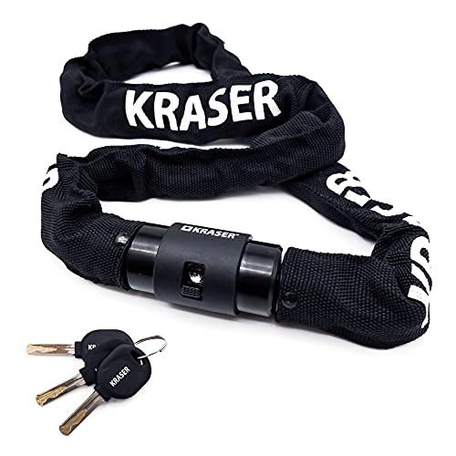 Bike Lock : KRASER KR620 Bike Waterproof Cap, Heavy Duty, Cycling Lock 6mm Chain 360º Rotation, Universal 100cm, 3 Keys, Black