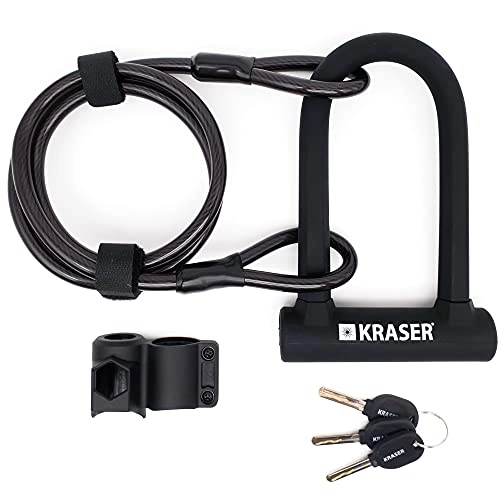 Bike Lock : KRASER Kr65145b Universal Anti-Theft Bike Padlock + Braided Steel Cable 120cm + Support, High Security, Black / White, Estándar