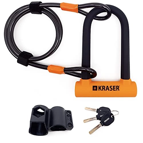 Bike Lock : KRASER KR65145N Universal Anti-Theft Bicycle Lock + Braided Steel Cable 120 cm + Bracket, High Security, Adult Unisex, Black and Orange, Standard