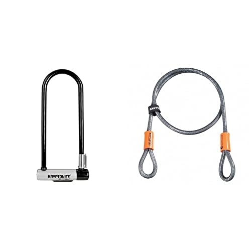 Bike Lock : Kryptonite KryptoLok Long Shackle U-Lock - Black / Silver & Kryptoflex Cable with Double Loop Bike Lock Security, 10mm x 120cm, Silver / Orange