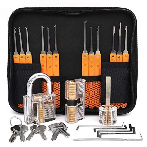 Bike Lock : Loboo Idea 17-Piece Lock Pick Training Set with 3 Transparent Training Locks for Beginners and Professionals Locksmith (A, Orange)
