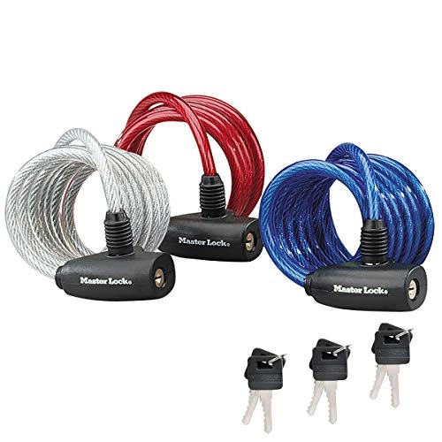 Bike Lock : Master Lock MLK8127 [Key] [1, 8 m Coiling [Set of 3] 8127EURTRI-Ideal, Electric, Skateboards, Strollers, Lawnmowers and other Outdoor Equipments Bike Lock, Red / Blue / Transparent, 3 Cables x 1.8 m x 8 mm