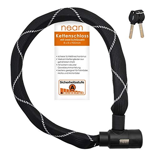 Bike Lock : nean Square Bike Motorcycle E-Bike Chain Lock 2 Security Keys High Security and Extremely Robust Fabric Sheathing Hardened Steel Chain Links 8 x 8 x 900 mm Black