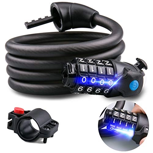 Bike Lock : Omew Bike Lock with LED Light, High Security Bicycle Cable Lock Bike Chain Lock 1.5M / 5FT 4-Digit Code Combination Bike Lock for Bicycle Scooters-Black