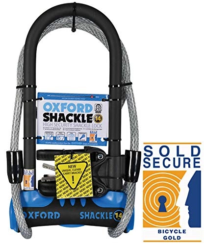 Bike Lock : Oxford Shackle 14 Duo Sold Secure Gold U-Lock - Black / Blue, 32cm x 1.4cm & Cable / Bicycle Solid Steel Heavy Duty Security Bike Lock Strong Tough Theft Cycling Cycle Locking Protective Accessories