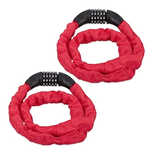 Bike Lock : Relaxdays Set of 2 Combination Locks for Bikes, 5 Digit Code & Chain, Bicycle Security, Steel, Red