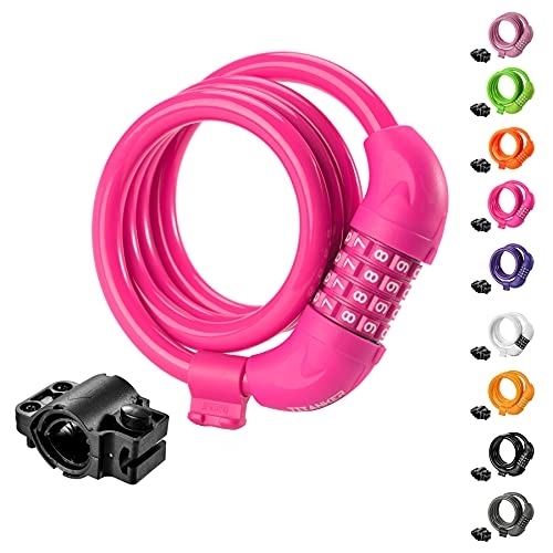 Bike Lock : Titanker Bike Lock, 4 Feet Security Resettable Combination Coiling Bike Cable Locks with Mounting Bracket, 1 / 2 Inch Diameter (Pink)