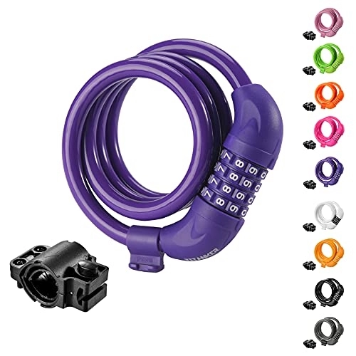 Bike Lock : Titanker Bike Lock, 4 Feet Security Resettable Combination Coiling Bike Cable Locks with Mounting Bracket, 1 / 2 Inch Diameter (Purple)