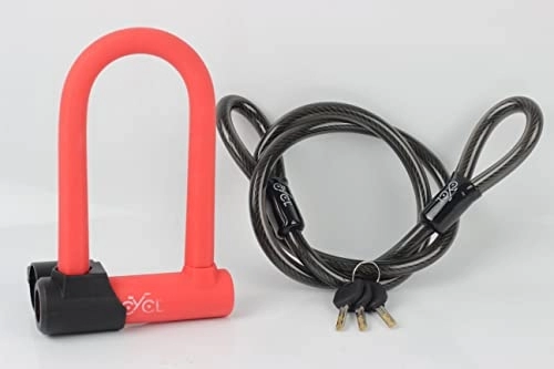 Bike Lock : U Lock with Security Cable and Mount for Bicycle and E-Scooter Bright Red Secure Rubber Coated