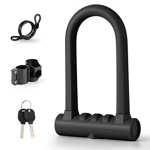 Bike Lock : U-Shaped Bicycle Lock with Silicone Coated Steel with Mounting Bracket, Double Opening Lock, Thick and Stiff, Shear Resistant (Black + 1.25 m Steel Cable)