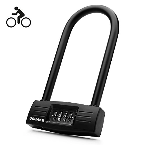 Bike Lock : USHAKE Bicycles U Lock, Heavy Duty Bike Scooter Motorcycles Combination Lock Combo Gate Lock for Anti Theft (Black 10mm chackle)