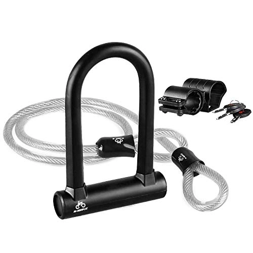 Bike Lock : WERNG Universal Bicycle Anti-Theft Lock, 15Mm Heavy-Duty Bicycle U-Shaped Steel Lock with Bracket And Cable Lock for Mountain Bike Bicycle Road Bike