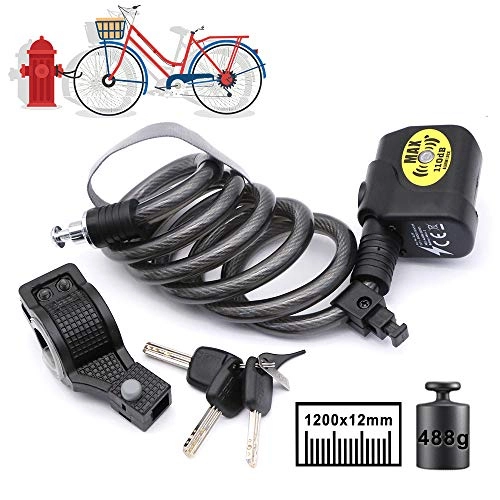 Bike Lock : XIYAN Bicycle Coiled Cable Lock, Spiral Cable Lock with Anti-Theft Alarm, with Fixed Bracket 120Cm High Security for Protecting Bicycles, Trailers, Mopeds, Scooters