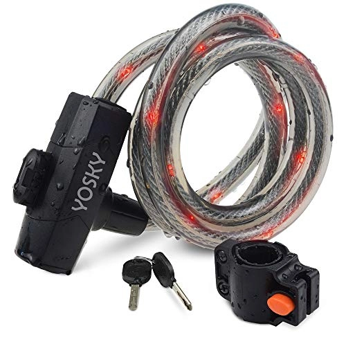 Bike Lock : Yosky 2 in 1 Bike Cable Lock and Rear Light Combination1200mm Lightweight Keys Bicycle Cable Lock with taillight, Folding USB Charging Bike Lock for Electric Motorcycle Mountain Bike