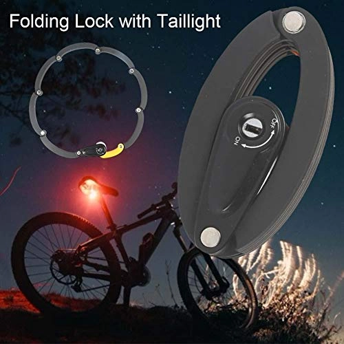 Bike Lock : ZYZSYY Mountain Road Foldable Bicycle Bike Seat Post Folding Lock Cable Lock Chain Lock with Tail Rear Light or Reflective Stick (Color : Black)
