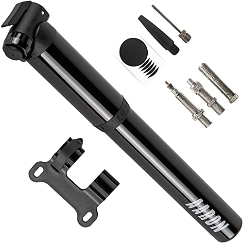 Bike Pump : AARON - Pocket One Mini Bicycle Pump - Suitable for all Valves - Compact and Light - High Pressure of 100 psi / 7 bar - Frame Pump for Racing Bikes, E-bikes, Mountain Bikes, Trekking Bikes - Black