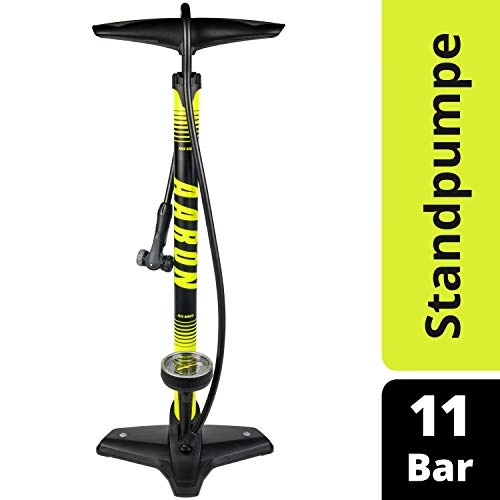 Bike Pump : AARON - Sport One Bike Floor Pump with Pressure Gauge - Suitable for all valves - High-Pressure Bike Pump incl. Ball Attachment - Pump for E-bikes Mountian Bikes, Road Bikes and many more - Yellow