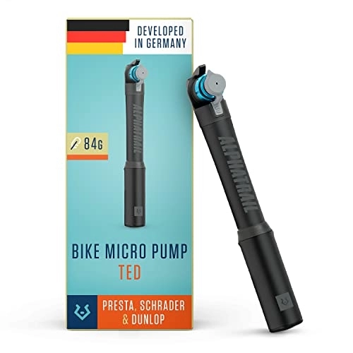 Bike Pump : Alphatrail Micro Bike Pump Ted - For all Valves 120 PSI / 8.3 Bar maximum Pressure I Efficient Telescope function I CNC machined aluminium bicycle pump I Bike pump for Presta, Schrader & DV Valve