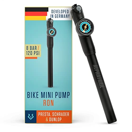 Bike Pump : Alphatrail Mini Bike Pump Ron - For all Valves 120 PSI / 8.3 Bar maximum Pressure I Large Gauge (1.5") 15cm extractable Hose I Bike pump for Presta, Schrader & Dunlop Valve