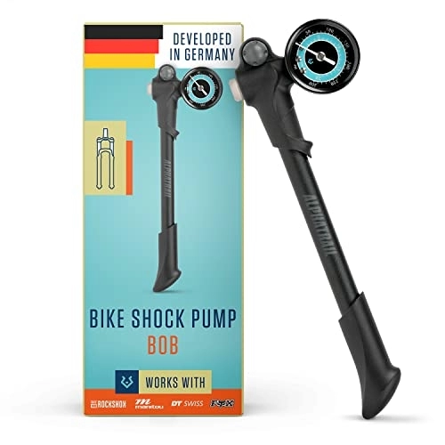 Bike Pump : Alphatrail Shock Pump Bob - For all air suspensions and -forks 300 PSI / 20.7 Bar maximum Pressure 2 stage valve I Air bleed button I Large Gauge (1.6") I Suspension pump for RockShox. Fox etc