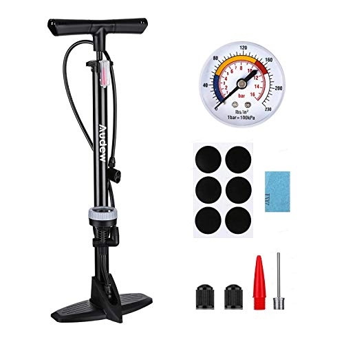Bike Pump : Audew Bicycle Pumps 230PSI Bike Floor Pump with Gauge, Alloy Bike Pumps fits Presta & Schrader Valve, Cycle Pumps for Bikes, Motorcycles, Balls and Inflatable Toys, with Free Tool Pods