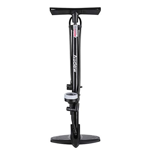 Bike Pump : Audew Floor Bike Pump Steel Made Ergonomic Household Bicycle Air Inflatable Pump with Gauge - 230Psi Reversible Presta and Schrader Including Puncture Repair Tools and Inflatable Kit