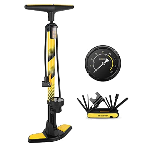 Bike Pump : BEELORD Aluminum Bike Pump - Floor Bicycle Tire Pump with Gauge, High-Pressure 160PSI, Air Ball Pump Inflator, Contains Bike Multi-Tool, Twin Valve Head Fits Schrader and Presta.