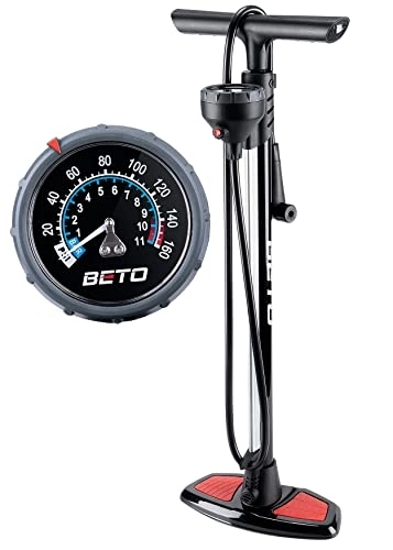 Bike Pump : Beto Bike Pump Portable - Bicycle Floor Pump with Industrial Top-Mounted Gauge & Air Bleed Button - Presta Schrader Dunlop Valve Universal, Steel Tube 160 Psi Max (Black / Red)