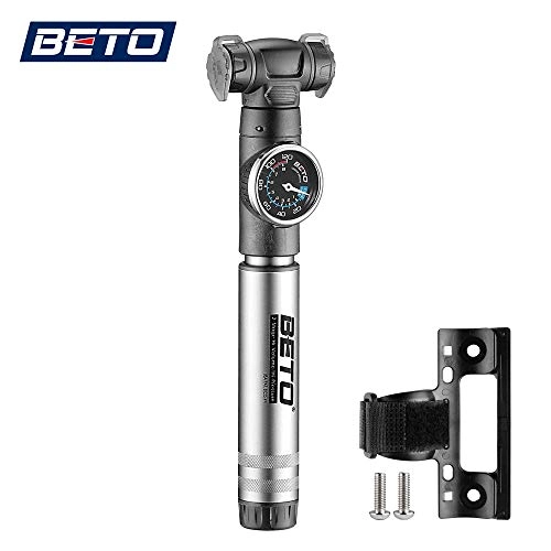 Bike Pump : Beto Mini Bike Pump with Gauge- 2 Stage Portable Bicycle Tire Air Inflator- Mounting Bracket Included (Grey)