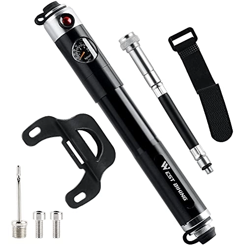 Bike Pump : Bicycle pump, mini bicycle pump high pressure 160 PSI-suitable for Schrader / Presta valve quick inflation, with barometer, vent valve and installation components, suitable for road and mountain bikes