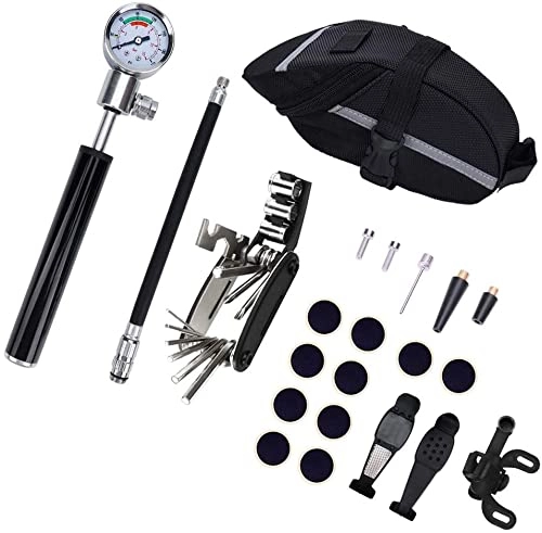 Bike Pump : Bicycle Pump Portable Mount Kit Set With Gauge Fits Presta And Schrader Mini MTB Bicycle Tire Pump With Glueless Puncture Repair Kit And Bike Saddle Bag Bike Pump with Gas Ne(Size:20*2cm, Color:Black)