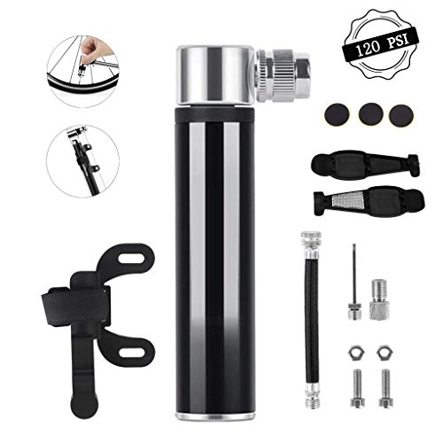 Bike Pump : Bike Pump, Aluminum Alloy Portable Mini Bicycle Tire Pump, Glueless Puncture Repair Kit, Super Fast Tyre Inflation with Presta and Schrader Valve Frame Mounted Air Pump for Road, Mountain, BMX Bikes