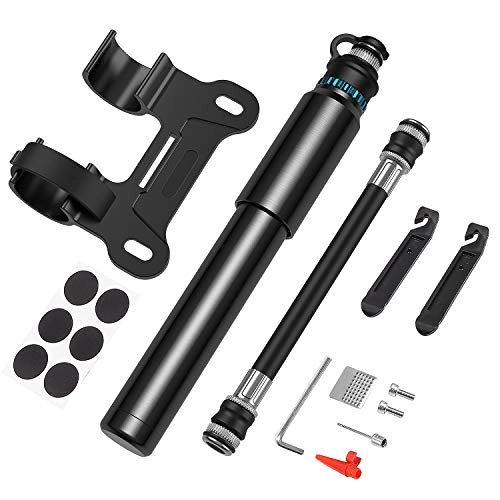Bike Pump : Bike Pump with Full Set, 150 PSI Mini Road Bicycle Pump and Puncture Repair Kits For Bikes, With Ball Needle, Glueless Patch Kit, Cycle Valve Caps and Frame Mount Fits Presta & Schrader Valve