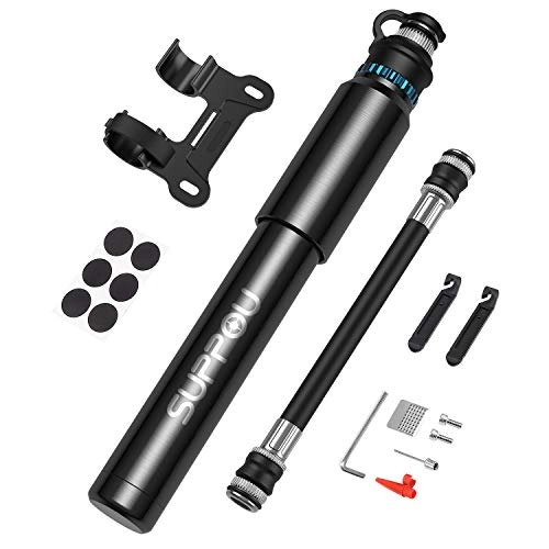 Bike Pump : Bike Pump with Full Set, 150 PSI Mini Road Bicycle Pump and Puncture Repair Kits For Bikes, With Ball Needle, Glueless Patch Kit, Cycle Valve Caps and Frame Mount Fits Presta & Schrader Valve (Black)