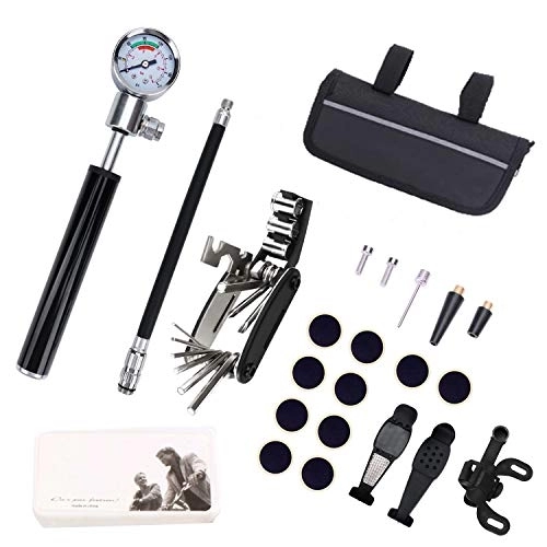 Bike Pump : Bike Pump with Pressure Gauge, [210 PSI][Perfect Full Set] Mini Bicycle Pump, Ball Pump with Needle, Fits Presta & Schrader Valve, / Glueless Patch Kit / Frame Mount-Save Energy & Easy Pumping
