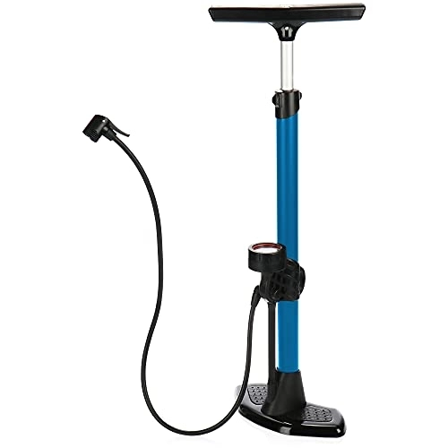 Bike Pump : com-four® Premium bicycle pump, high-performance floor air pump made of aluminum, bicycle air pump with pressure gauge and hose holder, floor pump up to 15 bar (blue - floor air pump)