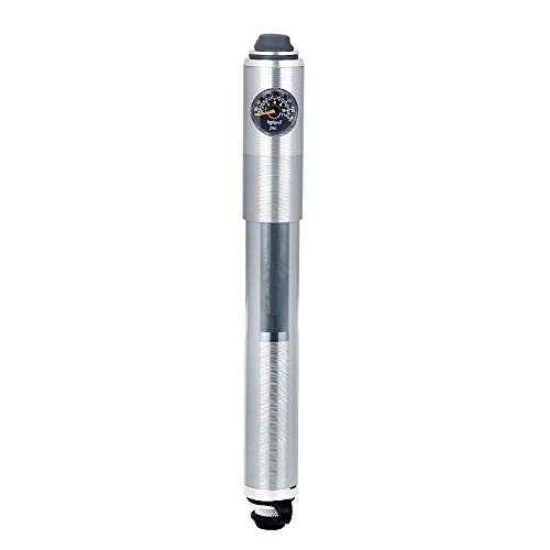 Bike Pump : Commuter Bike Pump Mountain Bike Pump Mini Portable Strap Aluminum Alloy with Barometer Riding Equipment Easy to Use (Color : Silver Size : 230mm)
