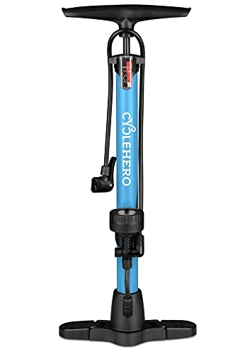 Bike Pump : CYCLEHERO Bicycle pump with pressure gauge, for all valves, extra light pumping, powerful floor pump, bicycle air pump, advanced design with adapter holder