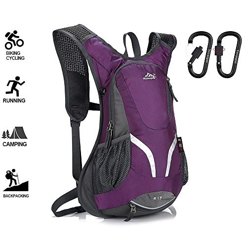 Bike Pump : Cycling Backpack, 15L Running Rucksack, Waterproof Breathable Cycling Rucksack, Ski Rucksack for Biking Hiking Camping Mountaineering Skiing Trekking with 2 Key Chain Locking Carabiner (Purple)