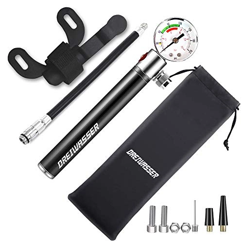 Bike Pump : DreiWasser Mini Bicycle Pump Hand Pump with Needle and Frame Mount perfect for Balloon Inflatable Boat Swim Ring Fits Presta & Schrader Valve (Black)