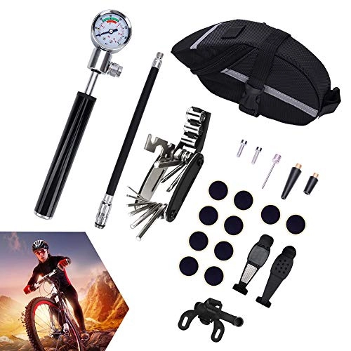 Bike Pump : DYWOZDP Mini Bike Pump with Pressure Gauge, Bicycle Tire Pump Glueless Puncture Repair Kit with Seat Pocket, Air Pump for Presta And Schrader, All Bikes, Football, Basketball And Inflatable Toys