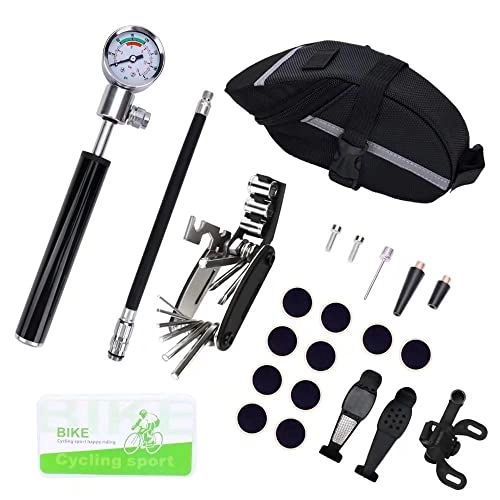 Bike Pump : Excellent Home Mini Bike Pump And Glueless Puncture Repair Kit - Suitable For Presta And Schrader (Up To 210 PSI) With Pressure Gauge And Smart Valve Head For Road Mountain And BMX Bikes Without The N